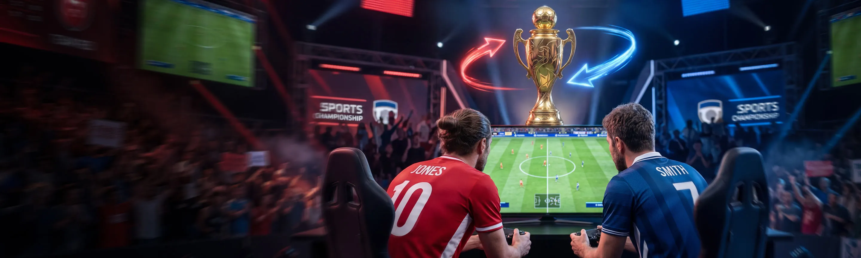 Zwei Spieler vor Bildschirmen mit Pokal im Hintergrund, sinnbildlich für Turniere und Top-Events